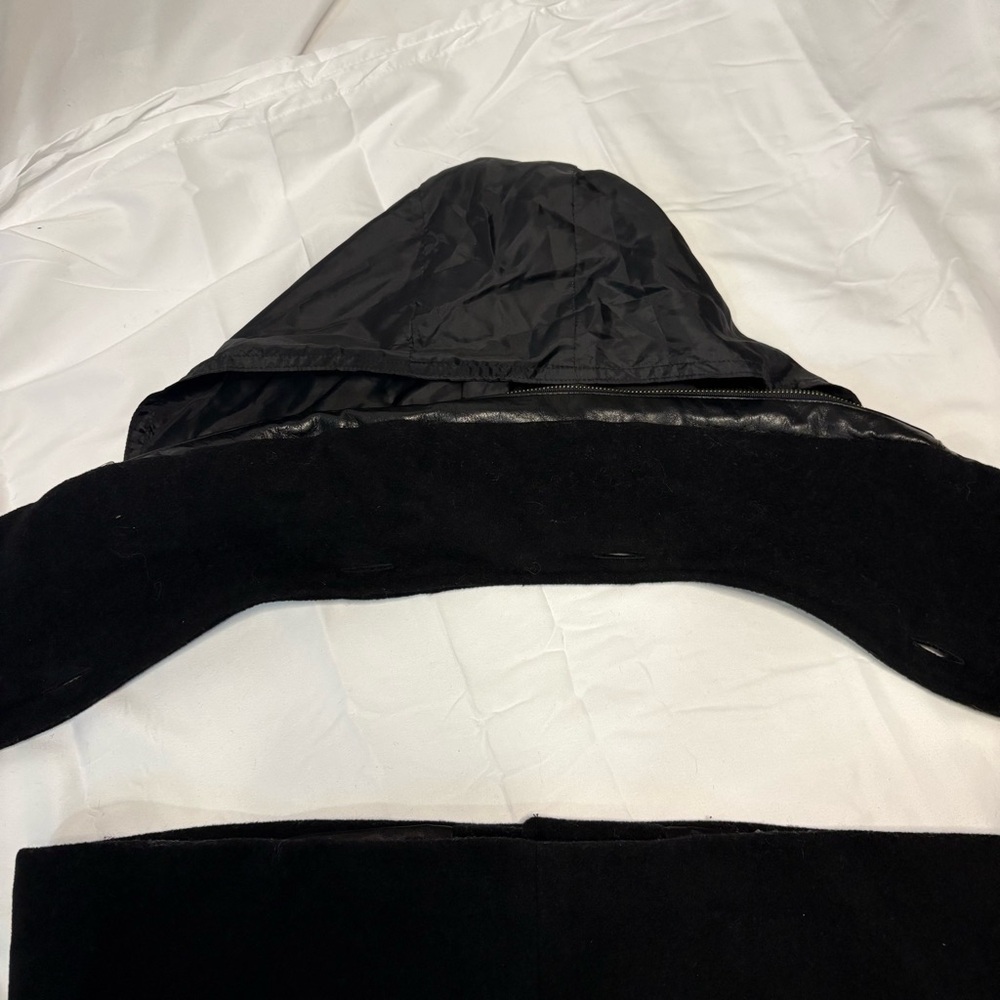 Mackage Wool Cashmere Coat Black Leather Trim Removable Collar Hood Size L - Picture 9 of 15